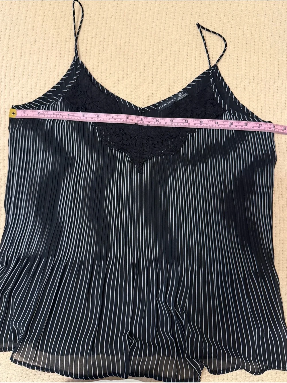Black Tape Pinstripe Micro Pleat Cami - Black & White Lace Trim - Picture 7 of 10